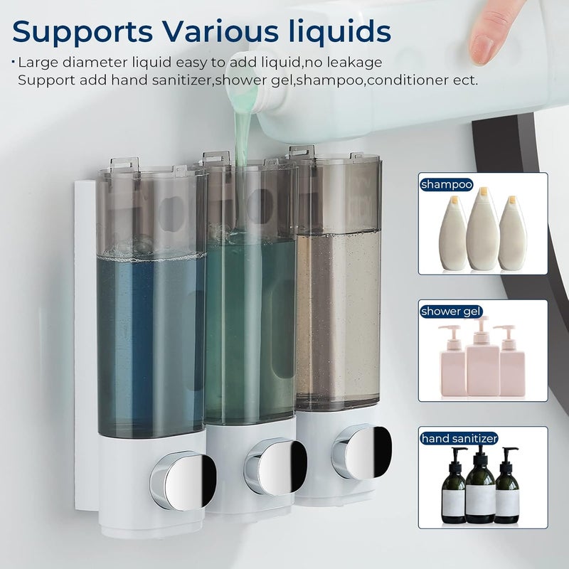 pollock Shampoo and Conditioner Dispenser, Shower Soap Dispenser 3 Chamber No Drill, Wall Mounted Shampoo Body Wash Conditioner for Bathroom Large Capacity,White - Image 2